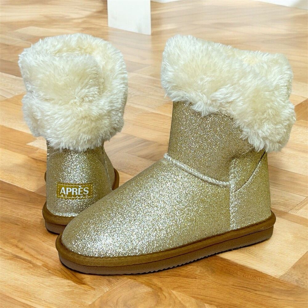 Lamo APRES Girls Size 2 Y Gold Glitter Boots Faux Fur Cozy Sparkly Slip On Youth